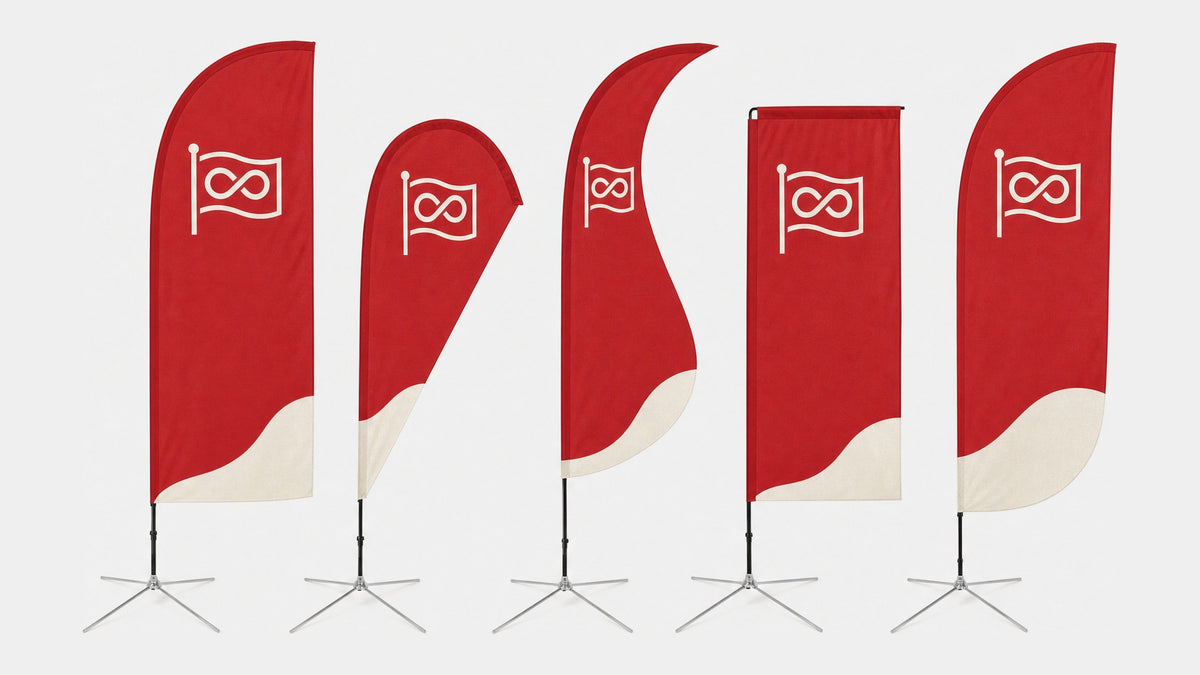 Five flag shapes side by side on a cross base: Straight, Drop, Wave, Square and Convex