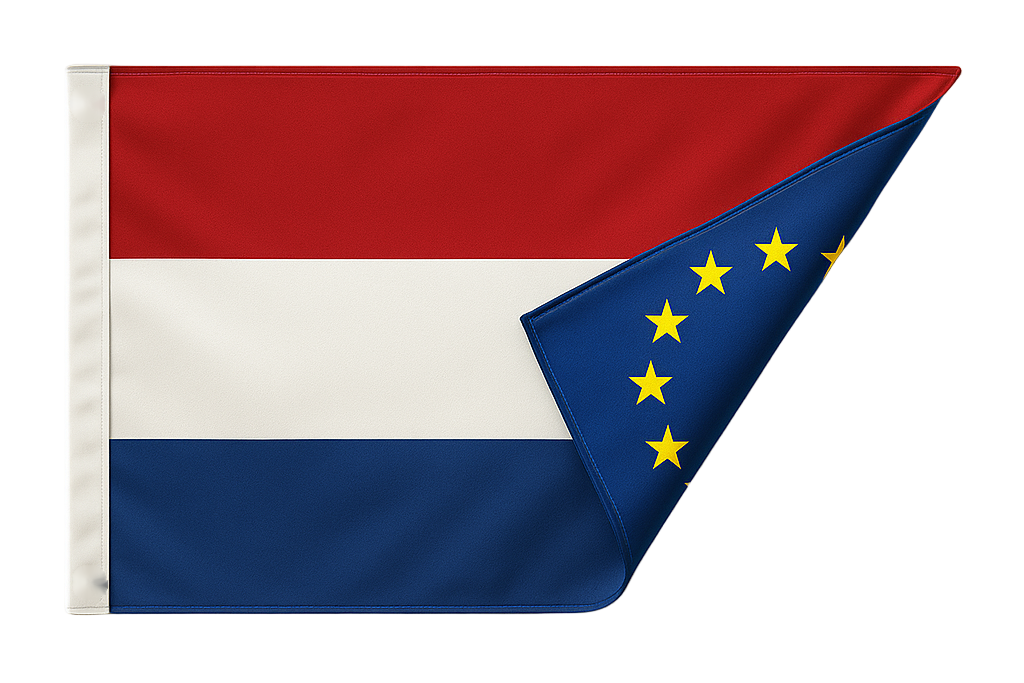 Dubbelzijdige gevelvlag met black-out tussenlaag — beide zijden apart full-color bedrukt
