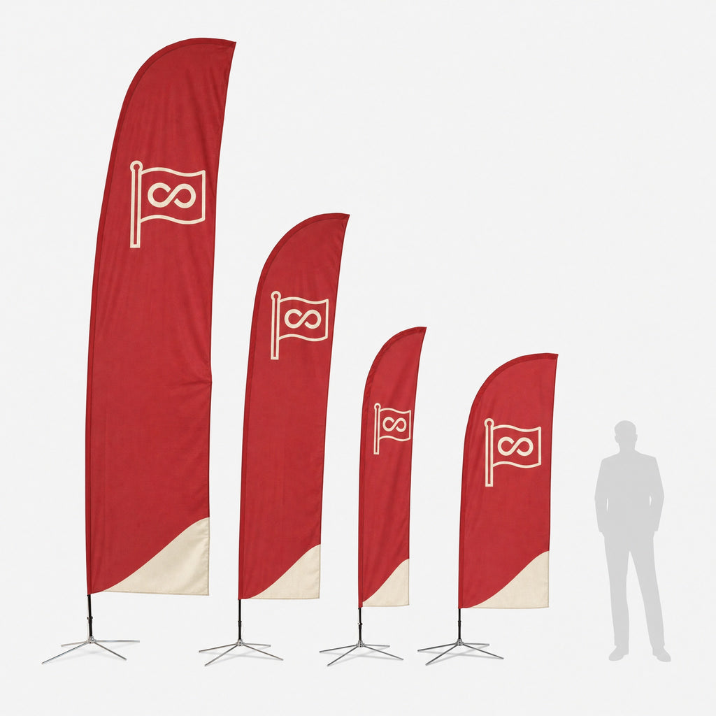 I formati della beach flag Straight affiancati, con una persona accanto per confronto