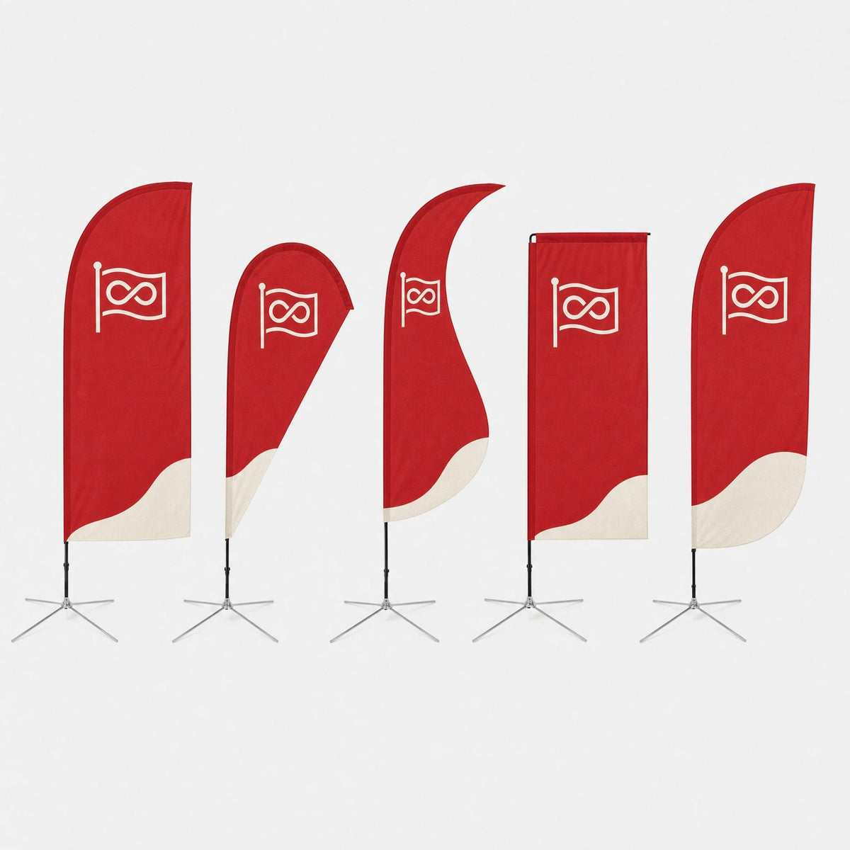 Le forme di beach flag affiancate: Straight, Drop, Wave, Square e Convex, ognuna su base a croce
