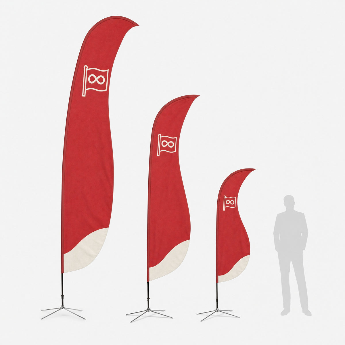 I formati della beach flag Wave affiancati, con una persona accanto per confronto