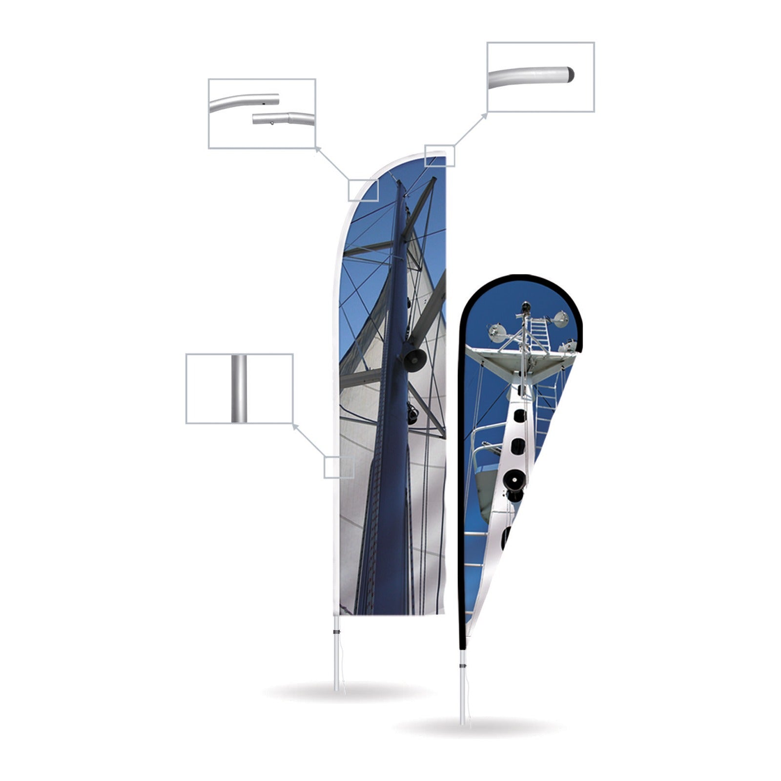Aluminium beachflag heavy duty in normale en druppelvorm met detailopnames van de mast