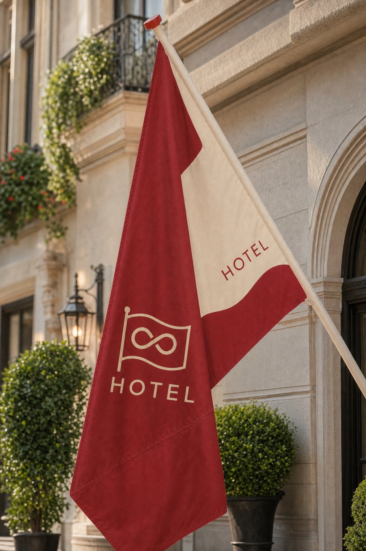 Double-sided flag with your own design on a facade pole: the text reads correctly on both sides, not mirrored