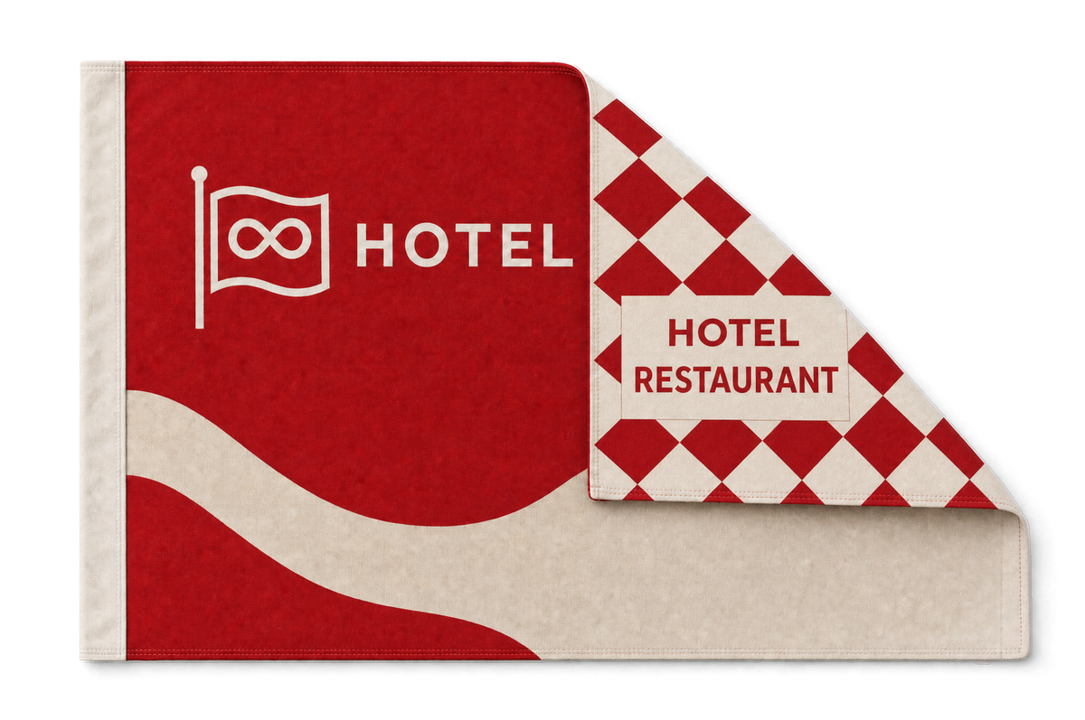 Double-sided flag with a folded-back corner: the front is red with a logo and a wave, and under the fold a completely different print appears — a red and cream diamond pattern reading HOTEL RESTAURANT. Each side is printed separately and reads normally from both sides, not mirrored