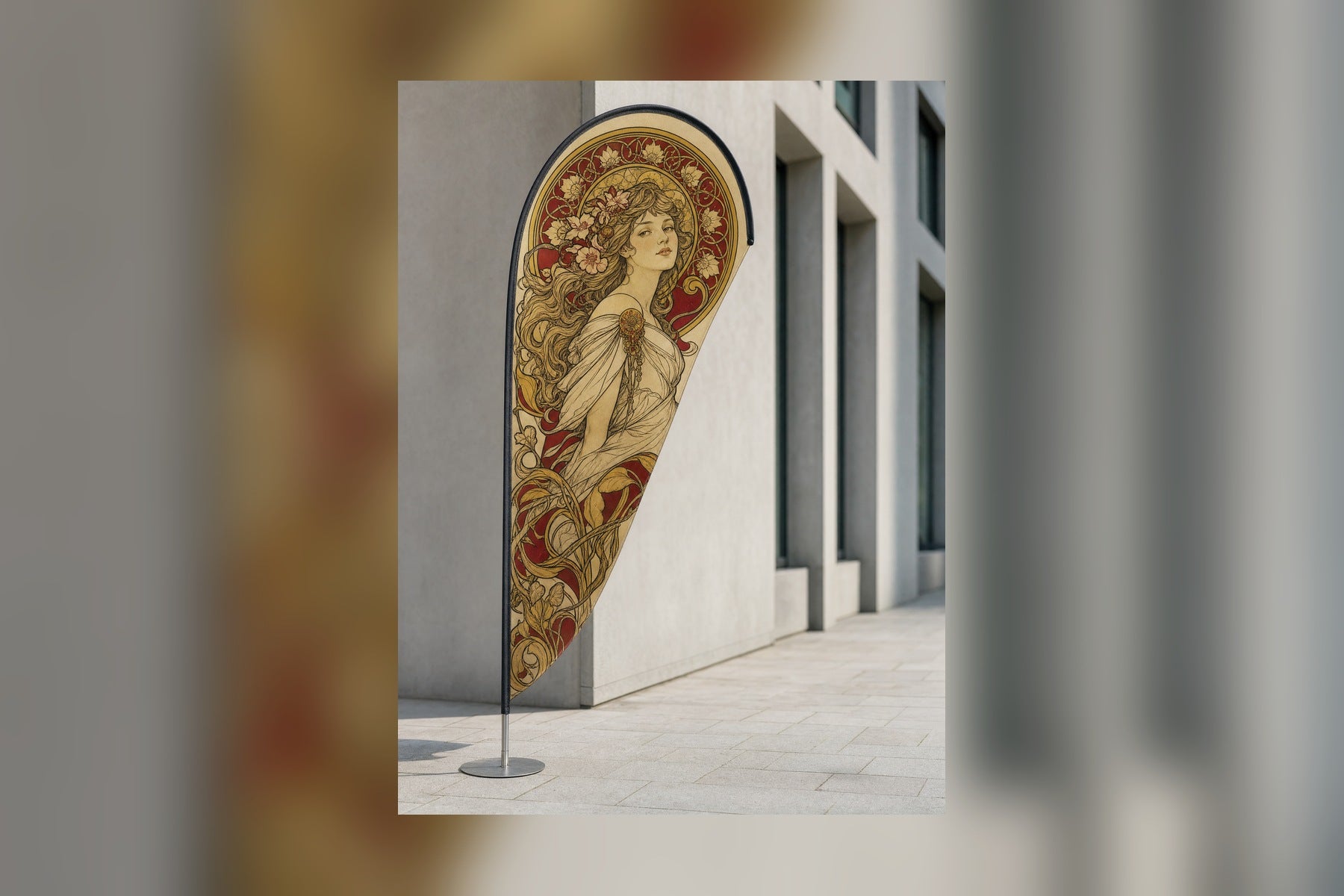Drop-shaped beachflag with a custom design: an art nouveau poster in red and gold
