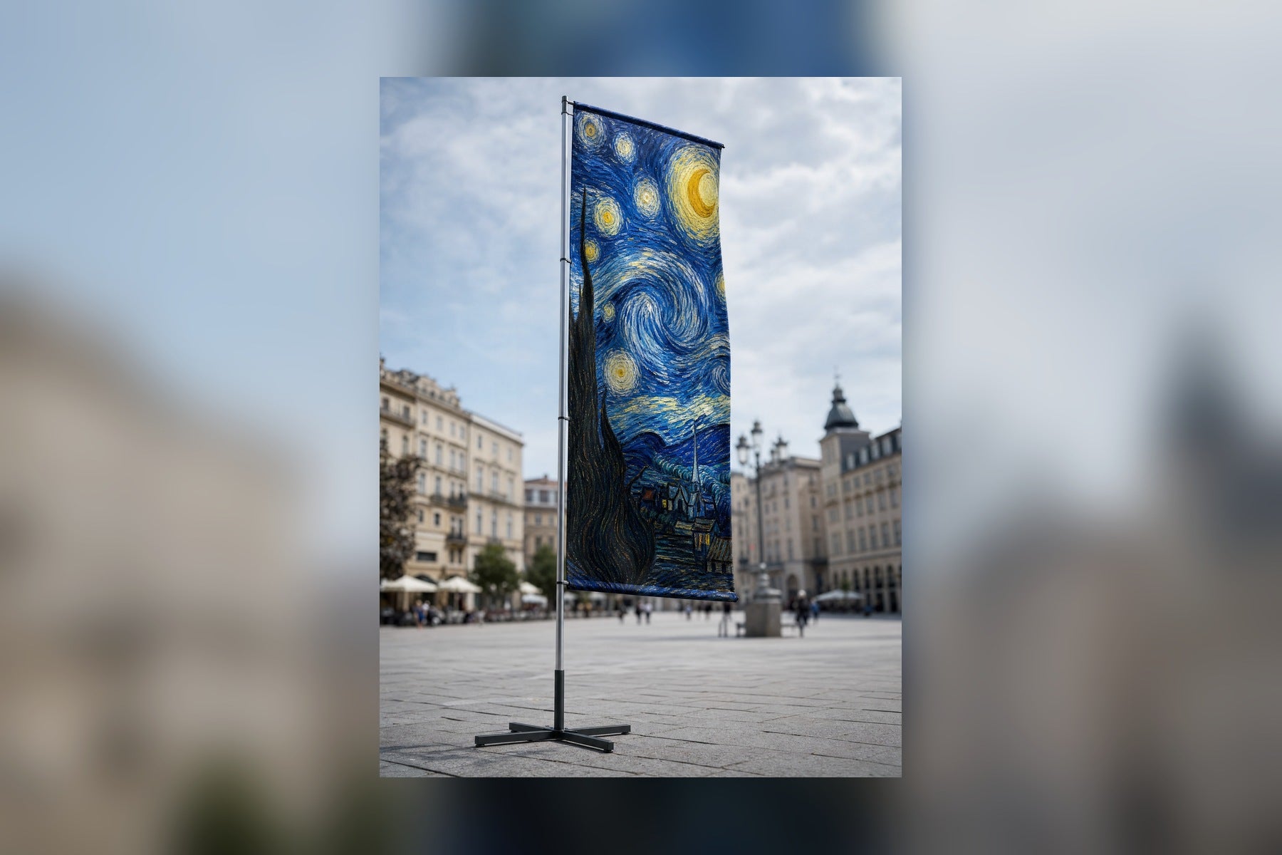 Rectangular beachflag on a cross base with a custom design: a starry night in painterly style