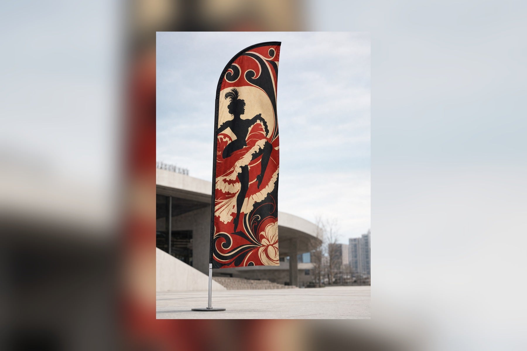 Feather-shaped beachflag with a custom design: a Belle Époque-style poster in red, black and cream