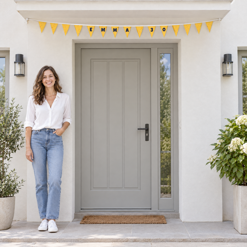 Guirlande de 5 mètres au-dessus d'une porte d'entrée, avec une personne à côté pour l'échelle