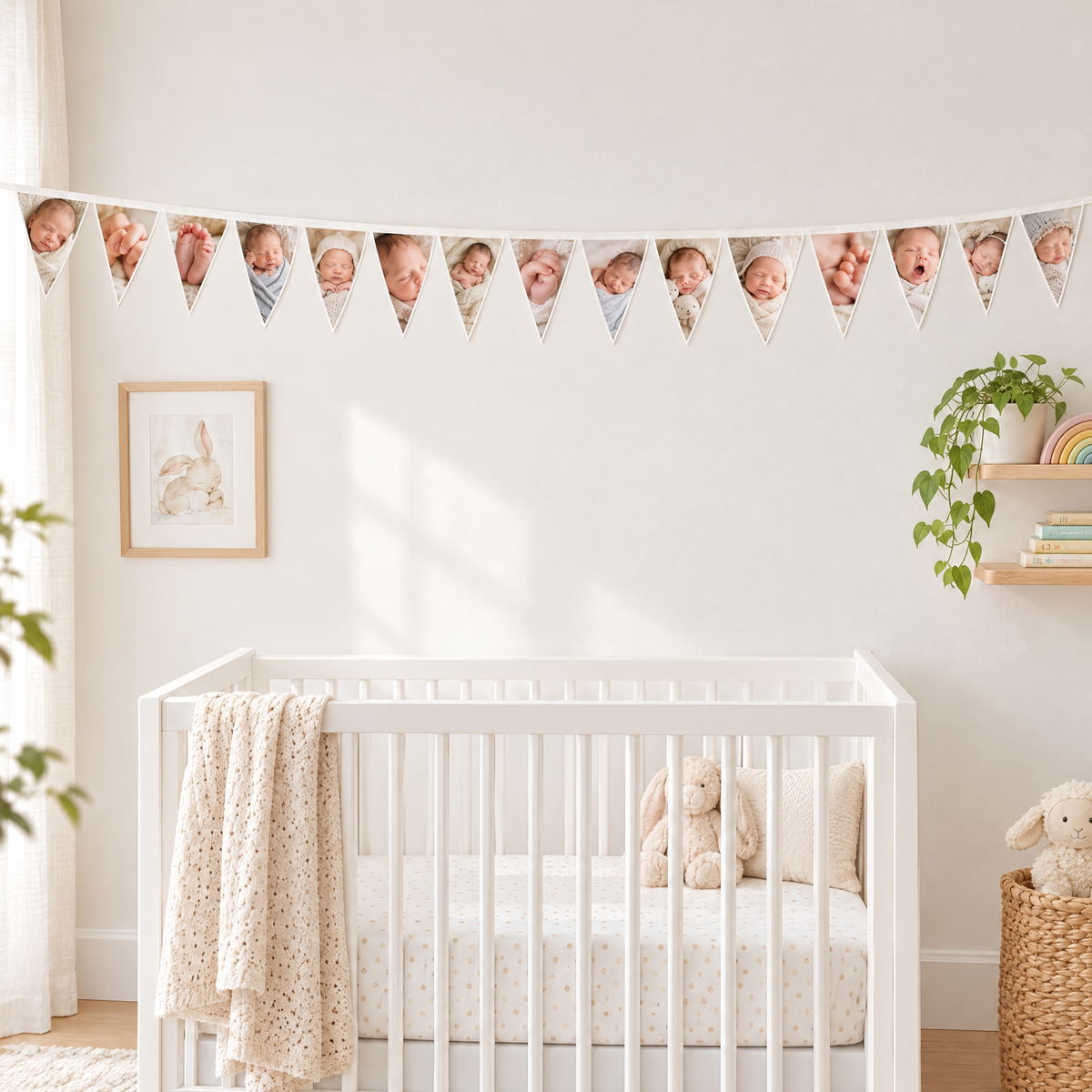 Wimpelkette mit eigenem Foto auf jedem Fähnchen: Babyfotos über einem Babybett