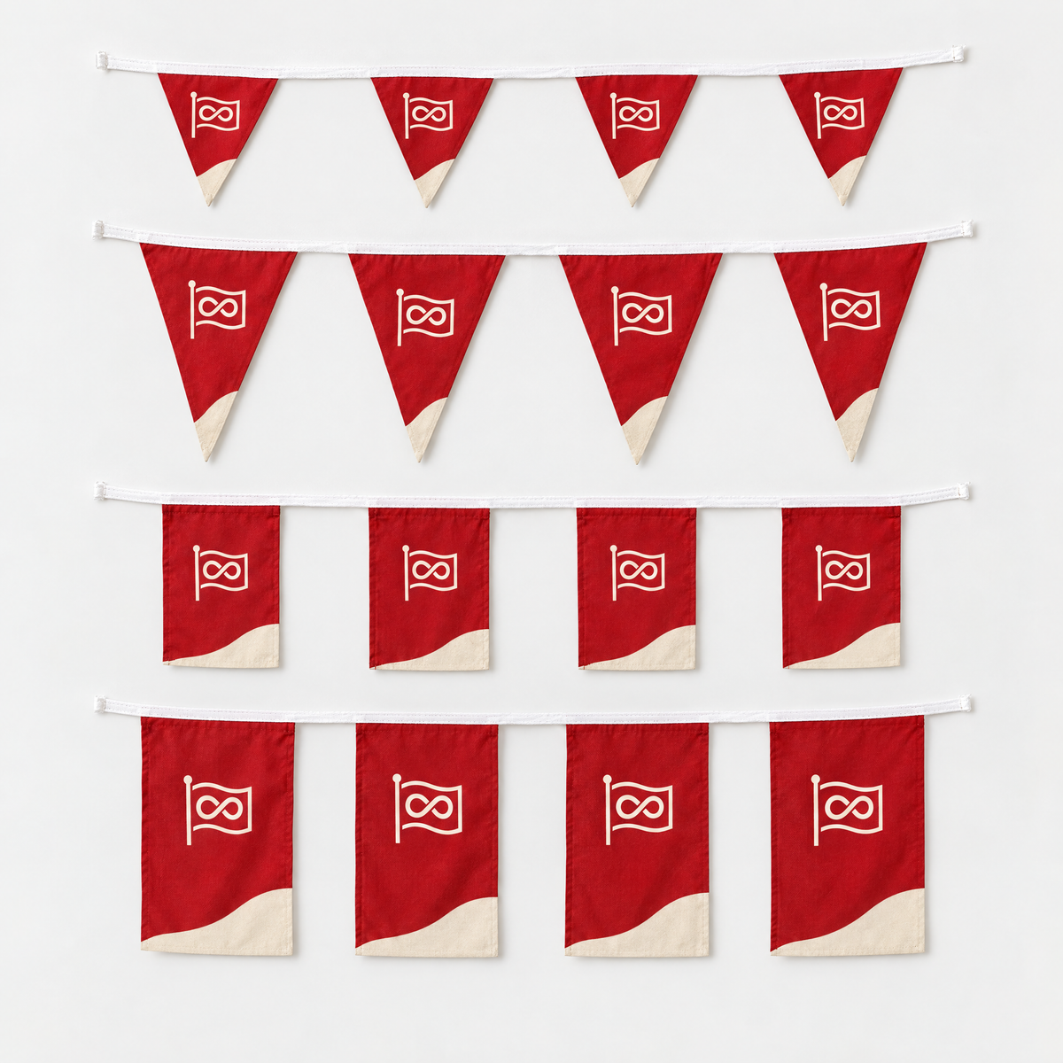 Les quatre versions de la guirlande : petits et grands fanions, petits et grands drapeaux rectangulaires